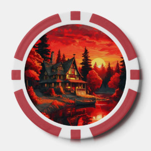 Sonnenuntergang Malerei mit Hütte und See-66633 Pokerchips