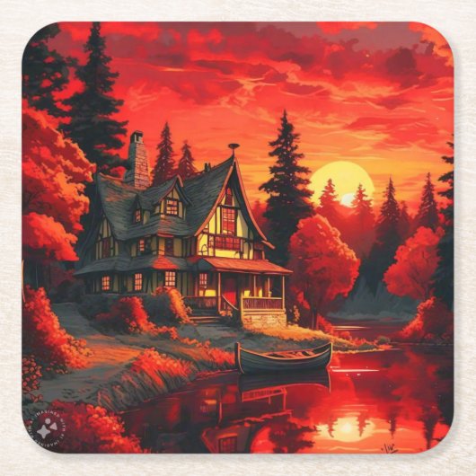 Sonnenuntergang Malerei mit Hütte und See-66633 Rechteckiger Pappuntersetzer (Vorderseite)