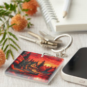 Sonnenuntergang Malerei mit Hütte und See-66633 Schlüsselanhänger (Vorderseite rechts)