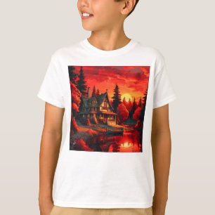Sonnenuntergang Malerei mit Hütte und See-66633 T-Shirt