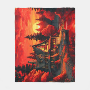 Sonnenuntergang Malerei mit Hütte und See Fleecedecke