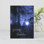 Sonnenuntergang mit Bäumen Blauer Hochzeitsempfang Einladung (Stehend Vorderseite)