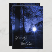 Sonnenuntergang mit Bäumen Blauer Hochzeitsempfang Einladung (Vorne/Hinten)