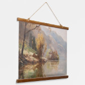 Sonnenuntergang mit Berg und Fluss Wandteppich Mit Holzrahmen (Gewinkelt)