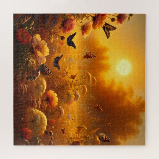 Sonnenuntergang mit lebhaften Blume und Schmetterl Puzzle (Horizontal)
