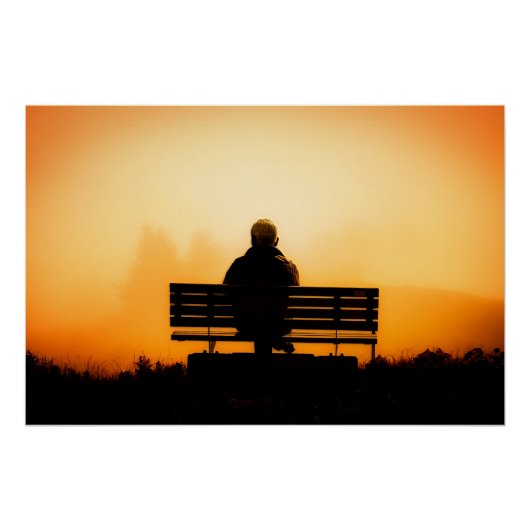 Sonnenuntergang mit Mann auf der Bank Poster (Vorderseite)