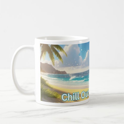 Sonnenuntergang mit Palmen und Liegestühlen am Ufe Kaffeetasse (Links)