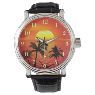 Sonnenuntergang mit Palmen und tropischen Strände Armbanduhr