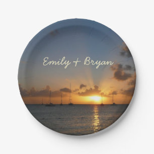 Sonnenuntergang mit Segelbooten Tropical Landscape Pappteller