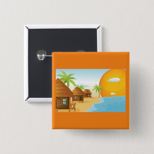Sonnenuntergang mit Strohhütten Button (Vorne & Hinten)