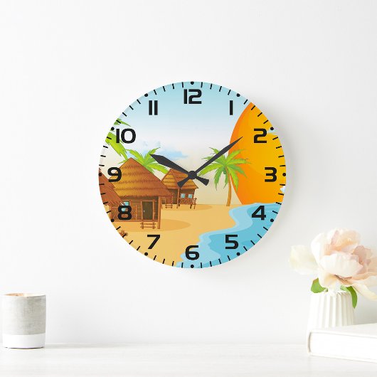 Sonnenuntergang mit Strohhütten Große Wanduhr