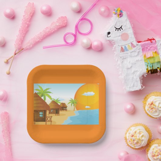 Sonnenuntergang mit Strohhütten Pappteller (Party)