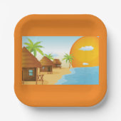 Sonnenuntergang mit Strohhütten Pappteller (Vorderseite)