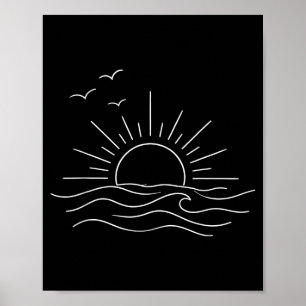 Sonnenuntergang Ozeanwellen minimale Linienkunst F Poster