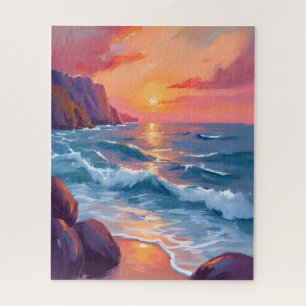 Sonnenuntergang Ozeanwellen Strand Aquarellmalerei Puzzle
