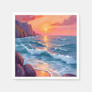 Sonnenuntergang Ozeanwellen Strand Aquarellmalerei Serviette