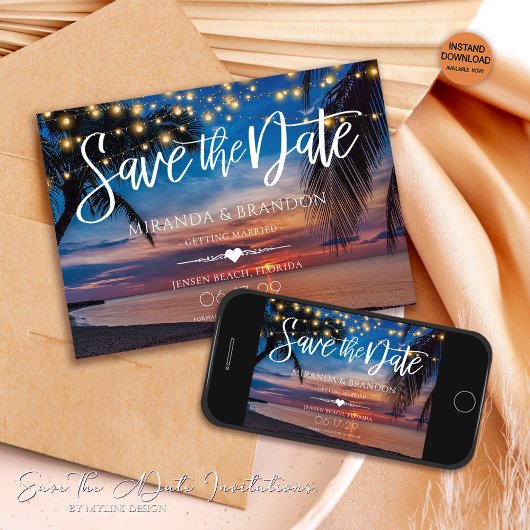 Sonnenuntergang Palm String Lights Tropical Beach  Save The Date