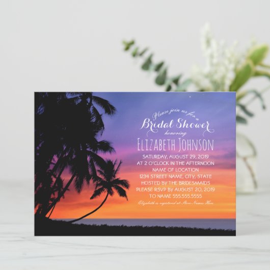 Sonnenuntergang Palm Tree Beach Brautparty Einladung (Stehend Vorderseite)