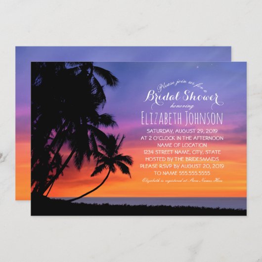 Sonnenuntergang Palm Tree Beach Brautparty Einladung (Vorne/Hinten)