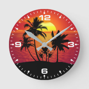 Sonnenuntergang Palmen Silhouette Design-65143 Runde Wanduhr