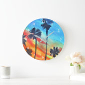 Sonnenuntergang Palmen Strand Surfart Große Wanduhr (Zuhause)