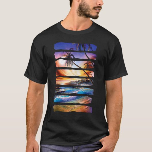 Sonnenuntergang, Palmenbaumkostüme, Strandparadies T-Shirt (Vorderseite)
