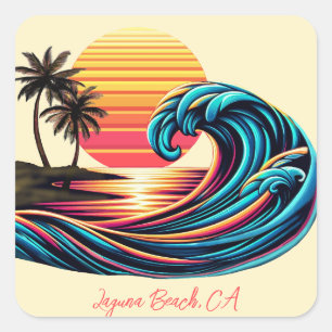 Sonnenuntergang Retro-Surf-Welle Quadratischer Aufkleber