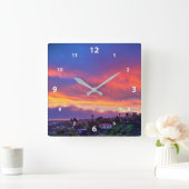 Sonnenuntergang rosa blaue Wolken Moderne Foto sch Quadratische Wanduhr (Zuhause)