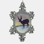 Sonnenuntergang-Rotwild im Schnee Schneeflocken Zinn-Ornament (Links)
