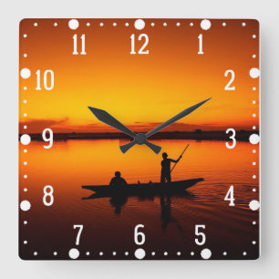 Sonnenuntergang, Ruderboot Silhouette-16497 Quadratische Wanduhr