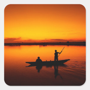 Sonnenuntergang, Ruderboot Silhouette-16497 Quadratischer Aufkleber