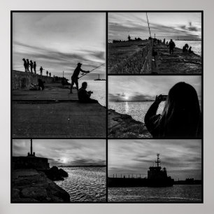 Sonnenuntergang Schwarz-Weiß-Szene Collage Poster