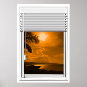 Sonnenuntergang-Seeansicht-Imitat-Fenster mit Poster