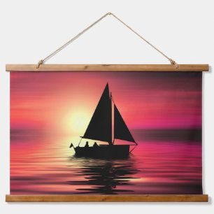 Sonnenuntergang, Segelboot im Meer-39186 Wandteppich Mit Holzrahmen