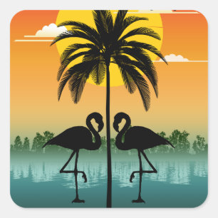 Sonnenuntergang Silhouette Flamingo Liebhaber Somm Quadratischer Aufkleber