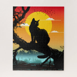 Sonnenuntergang Silhouette Katze und Baum Puzzle