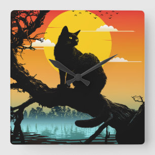 Sonnenuntergang Silhouette Katze und Baum Quadratische Wanduhr