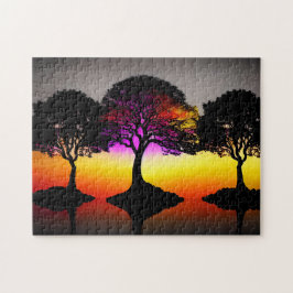 Sonnenuntergang Silhouette Kunst mit schwarzen Bäu Puzzle