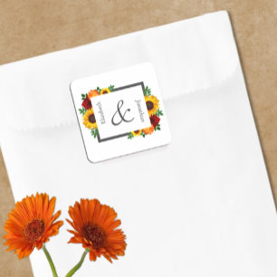 Sonnenuntergang Sonnenblume Rose Florale Hochzeit Quadratischer Aufkleber