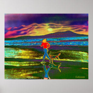 Sonnenuntergang-Stoß mit einem Hund… Poster