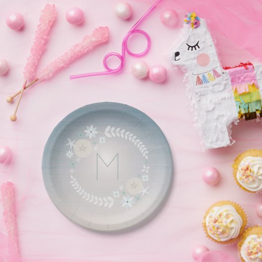 Sonnenuntergang-Strand-Kranz-Monogramm Pappteller (Party)