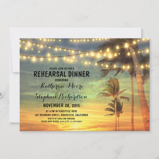 Sonnenuntergang Strand Probe Abendessen Strandlich Einladung (Vorderseite)