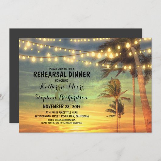 Sonnenuntergang Strand Probe Abendessen Strandlich Einladung (Vorne/Hinten)