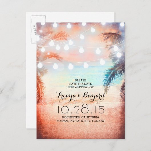 Sonnenuntergang Strand & Strandlichter Save the Da Ankündigungspostkarte (Vorne/Hinten)