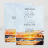 Sonnenuntergang Strand Ziel Küstenhochzeit Einladung (Vorne/Hinten)