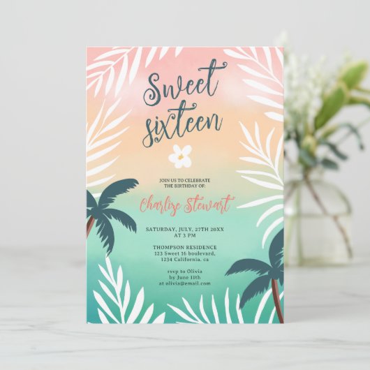 Sonnenuntergang Strandpalme Süß 16 Einladung (Stehend Vorderseite)