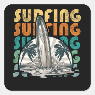 Sonnenuntergang Surfen, Vintage Surfbretter Quadratischer Aufkleber