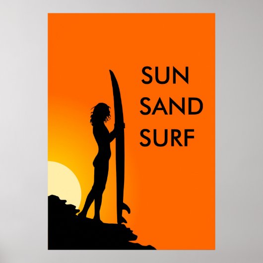 Sonnenuntergang Surfer Girl mit Surfbrett, Sonne,  Poster (Vorne)
