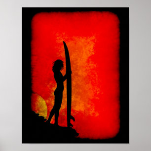 Sonnenuntergang-Surfer-Mädchen Poster