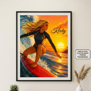Sonnenuntergang-Surferin mit Surfboard, Sonne, San Poster